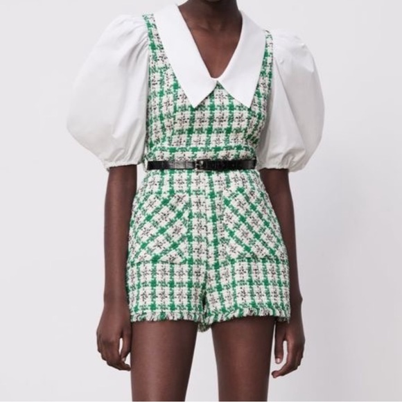 Green white black check tweed like texture jumpsuit romper with croc belt XS NWT - Picture 1 of 6
